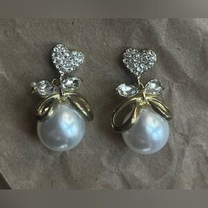 Faux Pearl Gold toned Stud Earrings Bow and heart with rhinestones